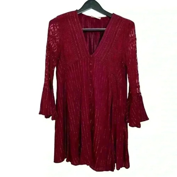 Dress Mini Long Sleeved Burgundy Gold Boho Altar'd State Size M - Picture 2 of 8